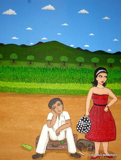 Illustration of a man and woman in a field with green hills and a blue sky