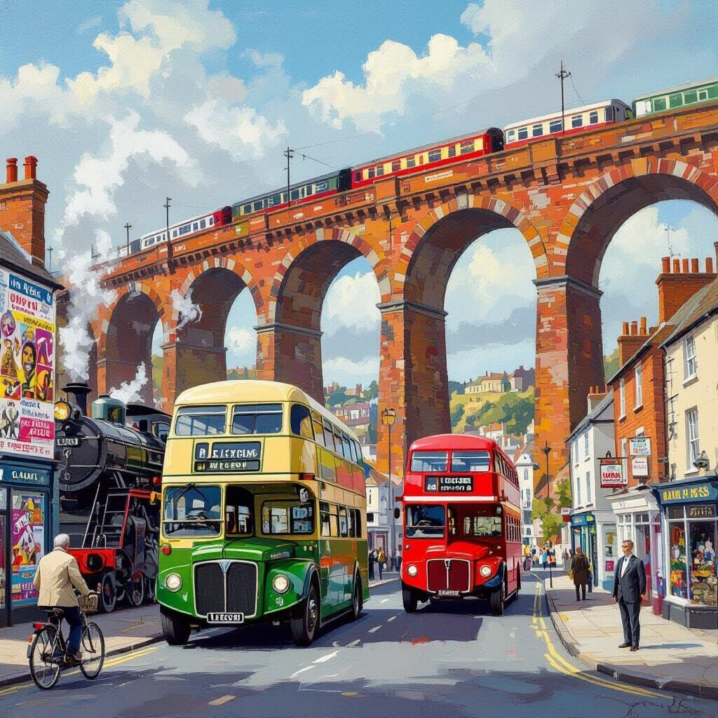 Two vintage double-decker buses, one green and one red, passing under a large brick railway viaduct on a sunny street