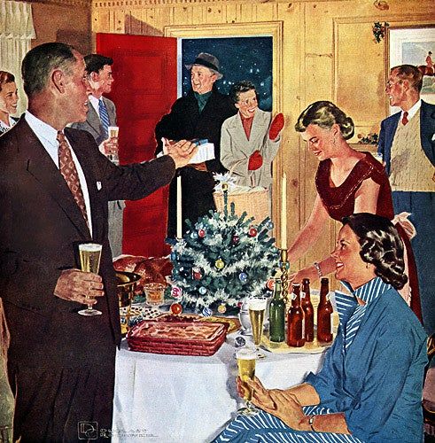 Vintage illustration of a 1950s winter house party with guests greeting each other near a festive table
