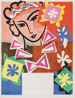 Matisse paper cutout art with stylized woman's face, geometric patterns, and flowers in orange, pink, blue, and yellow