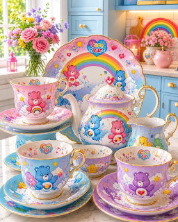 Care Bears decorated tea set with rainbow patterns on white porcelain teacups, saucers, teapot and plate