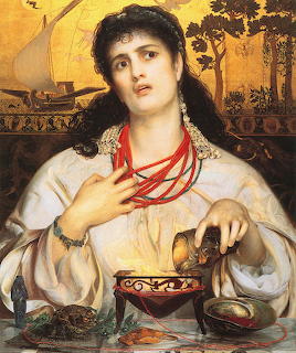 Woman in flowing white garment with red beaded necklace, ornate classical painting style