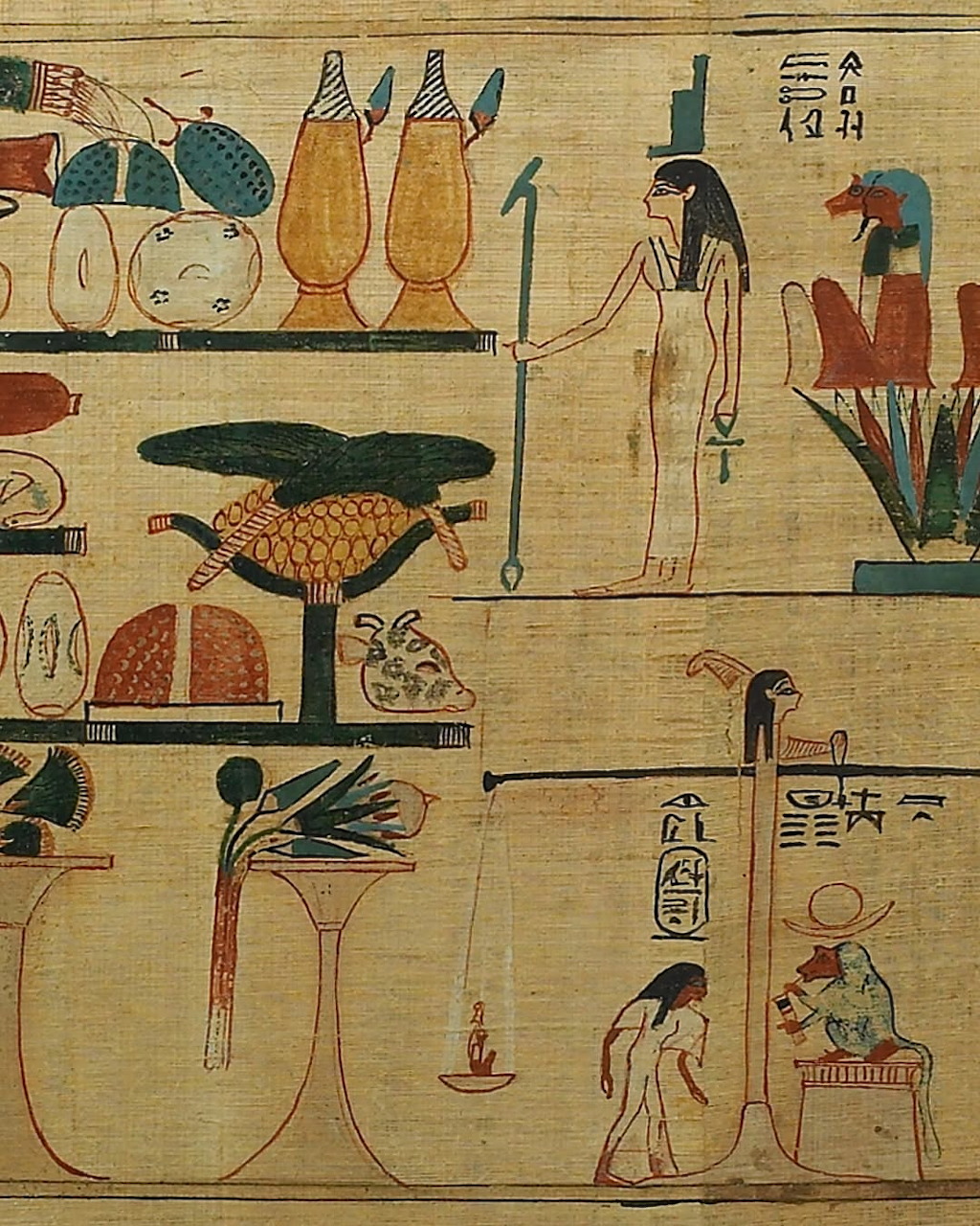 Ancient Egyptian papyrus with offering scenes, deities, human figures, hieroglyphs, and ritual objects