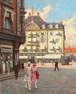 Painting of a European street scene with pedestrians, two women, and tall buildings in sunlight