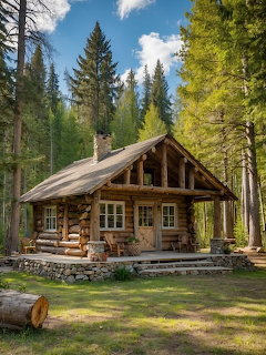 Log cabin with stone foundation in sunny forest clearing surrounded by tall pine and aspen trees