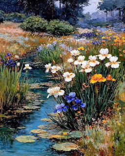 Painting of a garden stream with white and blue irises, orange poppies, and lily pads