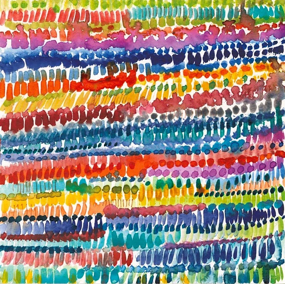 Abstract painting with horizontal rows of colorful brushstrokes in rainbow colors