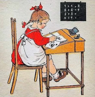 Vintage illustration of young girl in red dress writing at wooden school desk with chalkboard on wall behind her