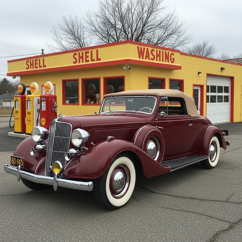 Vintage Car at Shell Station