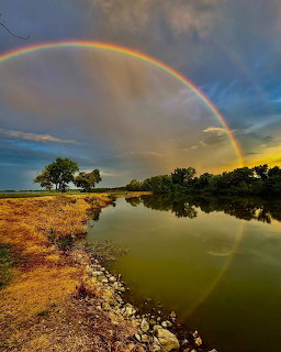 Rainbow arching over peaceful river with golden fields and trees under sunset sky