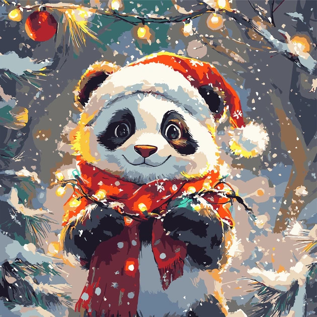 Illustrated panda in Santa hat and red scarf with Christmas lights in snowy winter scene