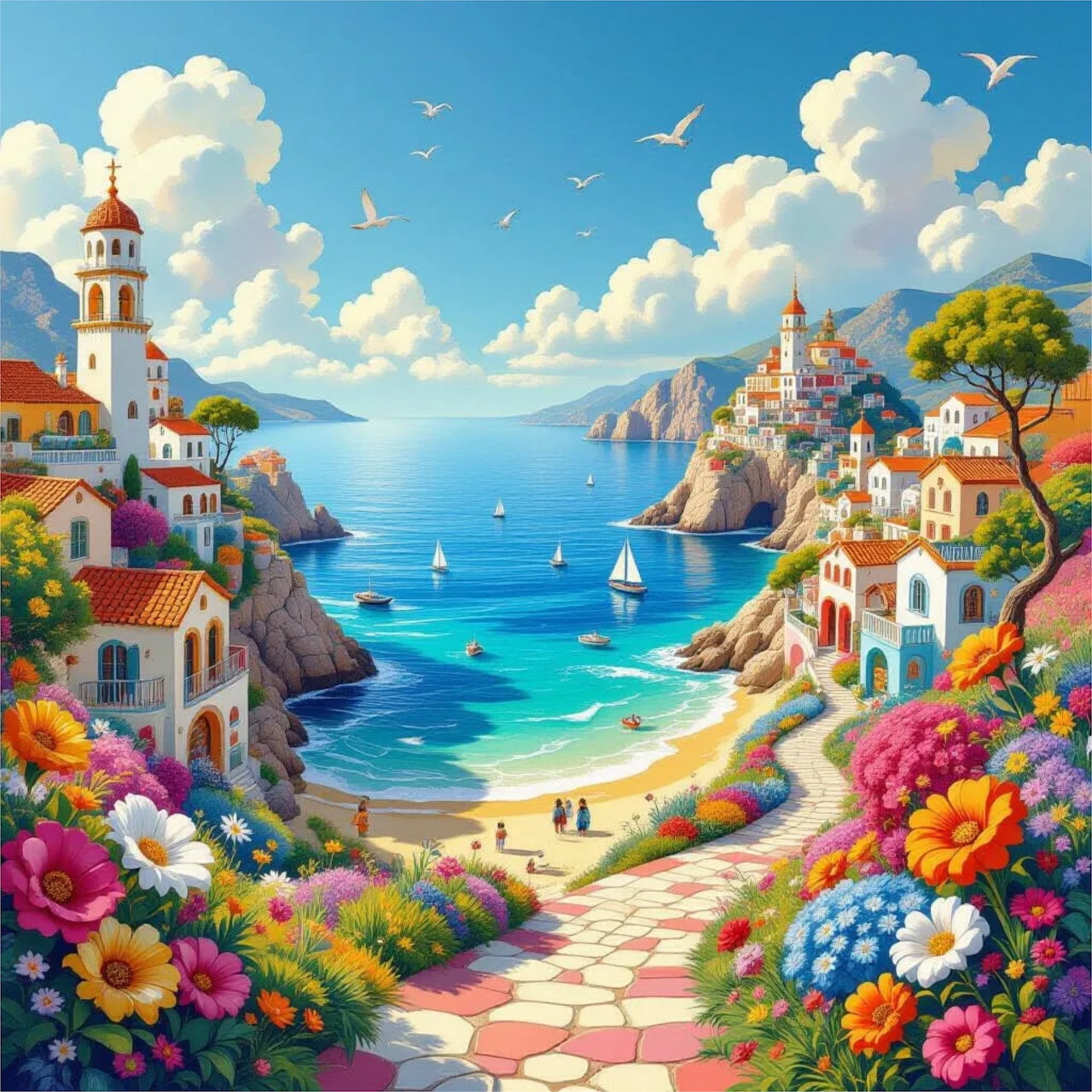 Colorful illustration of Mediterranean village with flowers, bay, sailboats, and cliffs