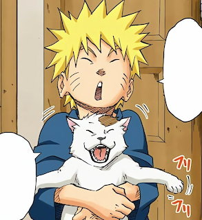 Young Naruto Uzumaki holding a yawning white cat, both with mouths open, in a colorful anime style
