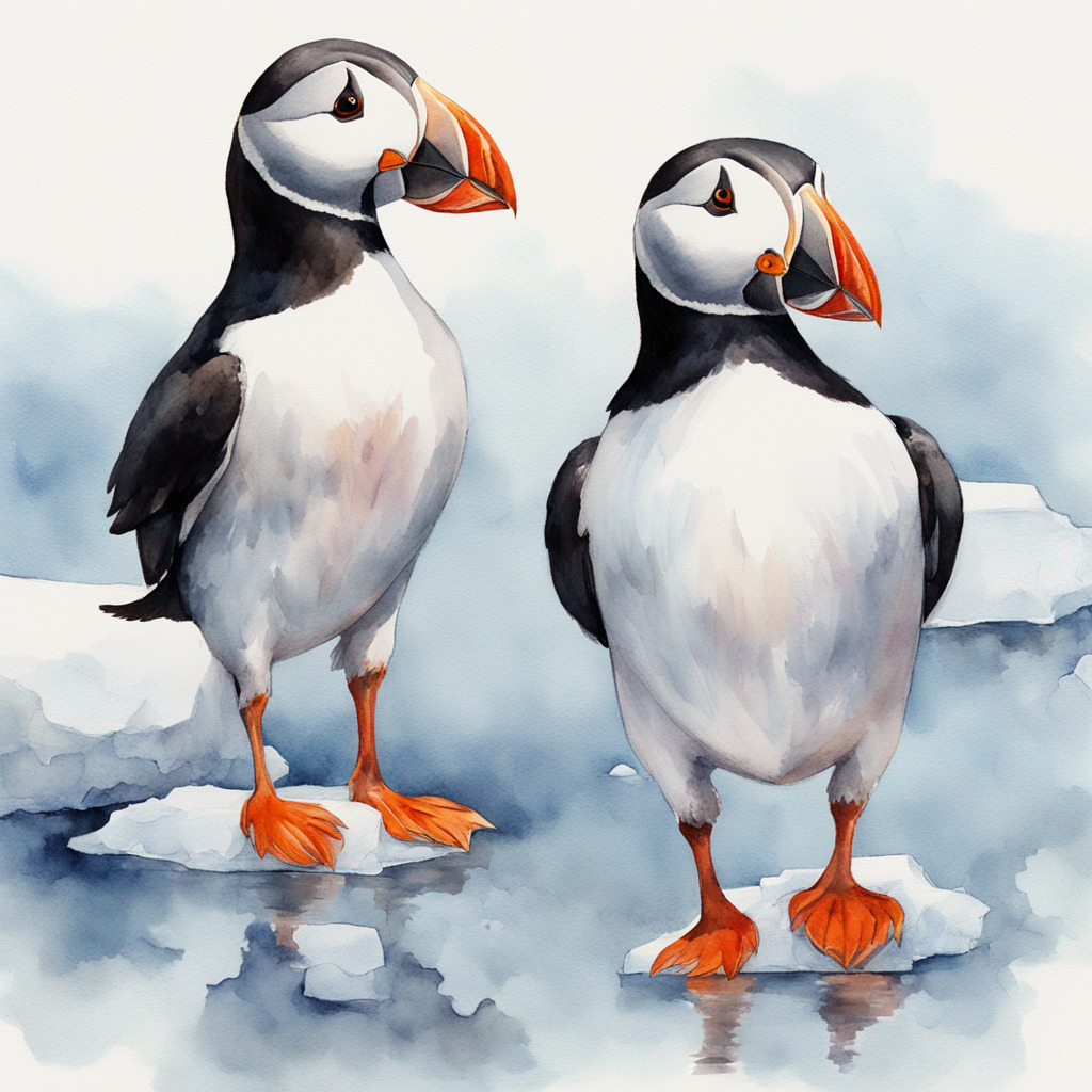 Two puffins with black and white plumage and orange beaks standing on ice, rendered in watercolor style