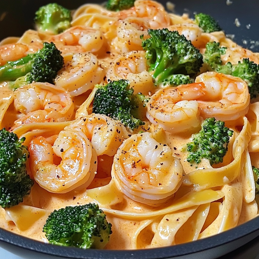 Creamy shrimp pasta with broccoli in a dark bowl, close-up view