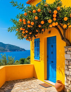 Yellow Mediterranean house with blue door under an orange tree with sea view in background