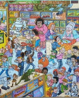 Cartoon illustration of a busy, chaotic toy store packed with people, children, and toys