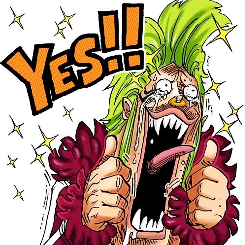 Anime character with green hair shouting with excitement, fists raised, orange YES text above on white background