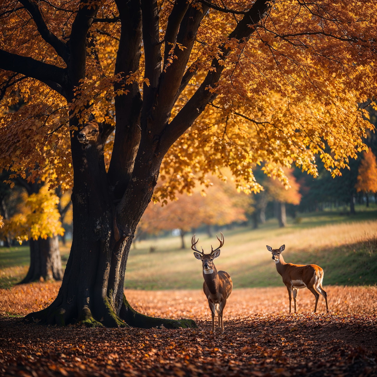 Two deer standing under a golden autumn tree in a forest with fallen leaves on the ground
