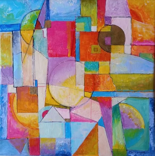 Abstract geometric painting with colorful overlapping rectangles, circles, and curved shapes in pink, blue, yellow, and orange