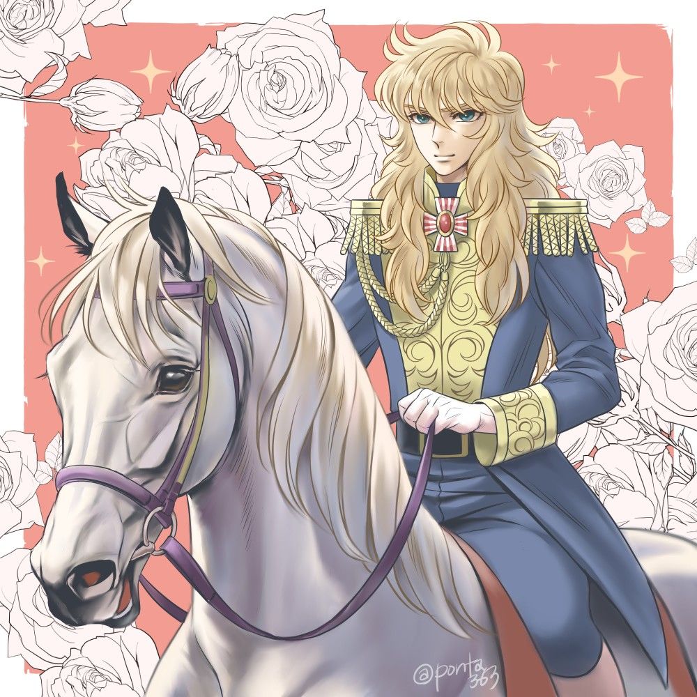 Anime character Lady Oscar beside a white horse with rose line art in the background
