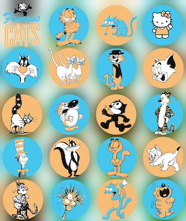 Collage of cartoon cat characters in blue and orange circles on a teal background