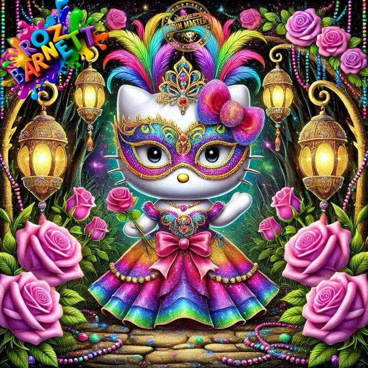 Cute white cat in a carnival mask and rainbow dress with pink roses and lanterns