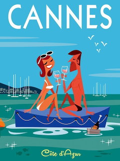 Retro travel poster illustration of a couple clinking wine glasses on a boat in Cannes harbor