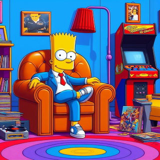 Bart Simpson in a blue suit sitting in an orange armchair next to an arcade machine