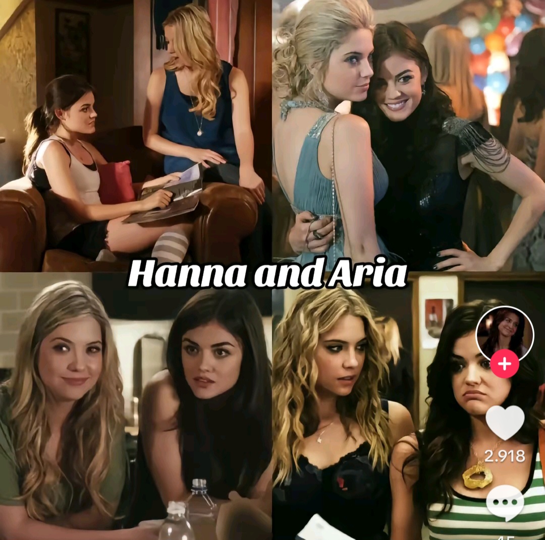 Collage of Pretty Little Liars characters Hanna and Aria in several indoor scenes