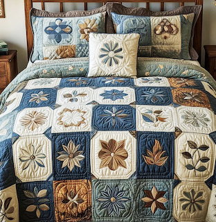 Patchwork quilt with embroidered floral squares in blue and neutral tones on bed with matching pillows