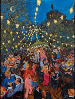 Painting of an outdoor night party with dancing people, tables, and glowing string lights