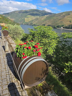 Wine barrel with red flowers on a coblestone terrace overlooking a river valley with terraced hillsides