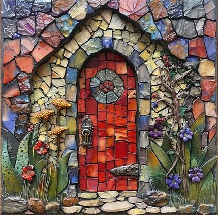 Colorful mosaic art of a red arched fairy door in a stone wall with mushrooms and flowers
