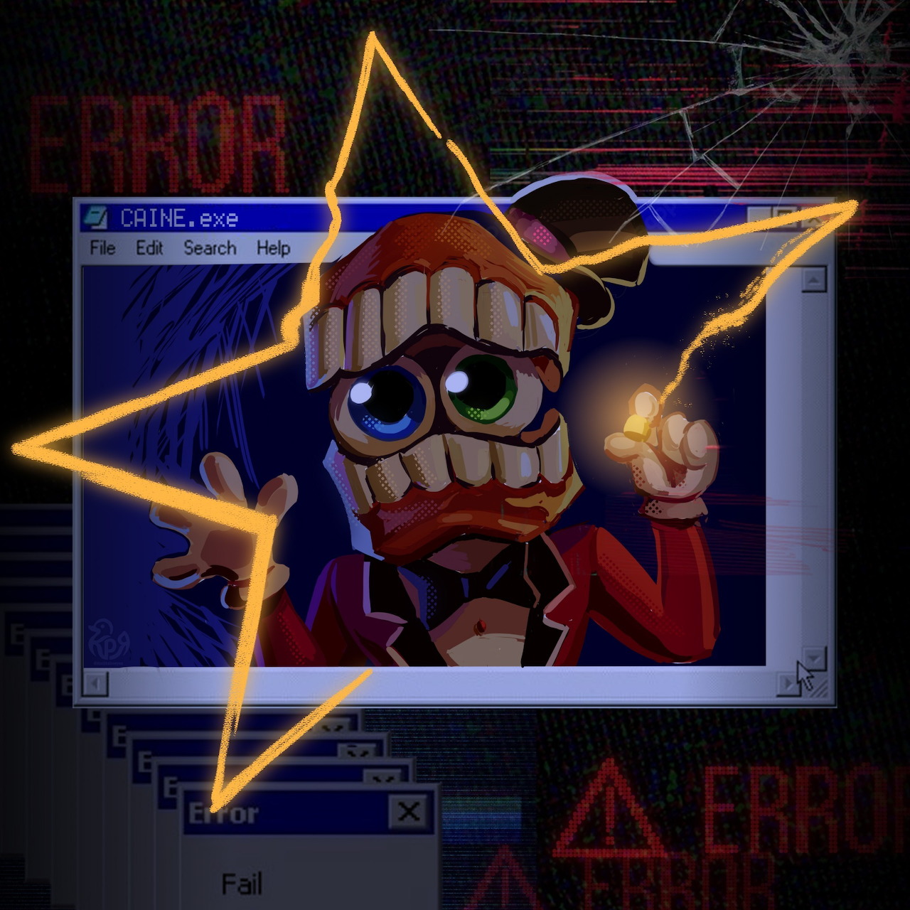 Cartoon toothy character in computer error windows with a glowing star and dark digital background