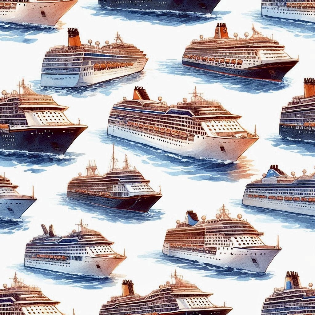 Pattern of cruise ships with blue watercolor waves on white background