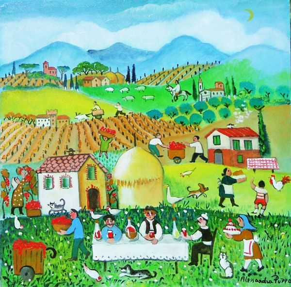 Colorful folk art painting of a rural village with vineyards, houses, people, and animals