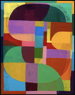 Abstract geometric artwork with colorful overlapping circles, rectangles, and curved shapes in a grid-like arrangement