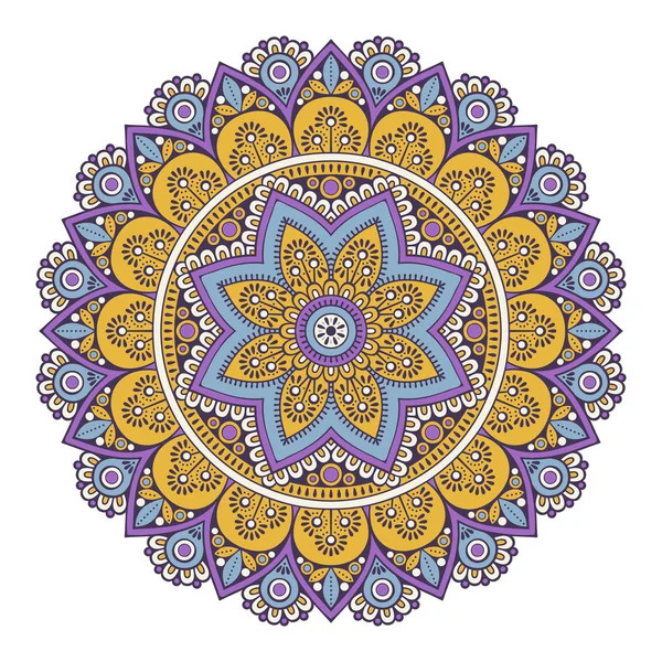 Circular mandala with purple and gold layered floral patterns and geometric details
