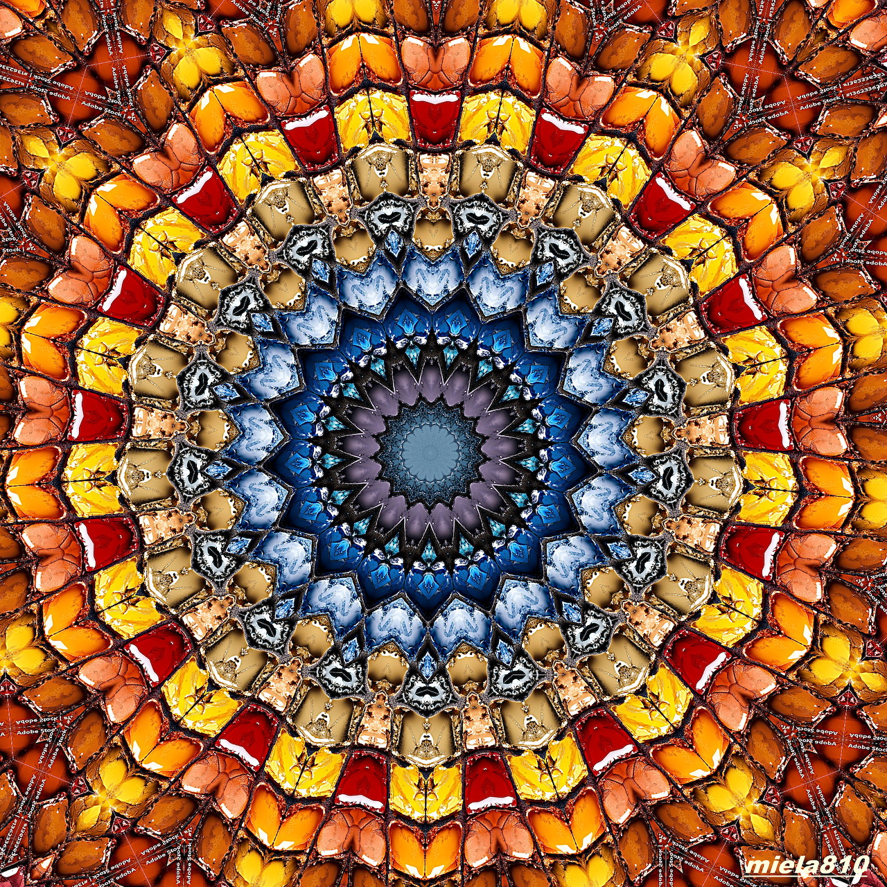 Symmetrical mandala with orange, yellow, blue and purple floral layers radiating from dark center