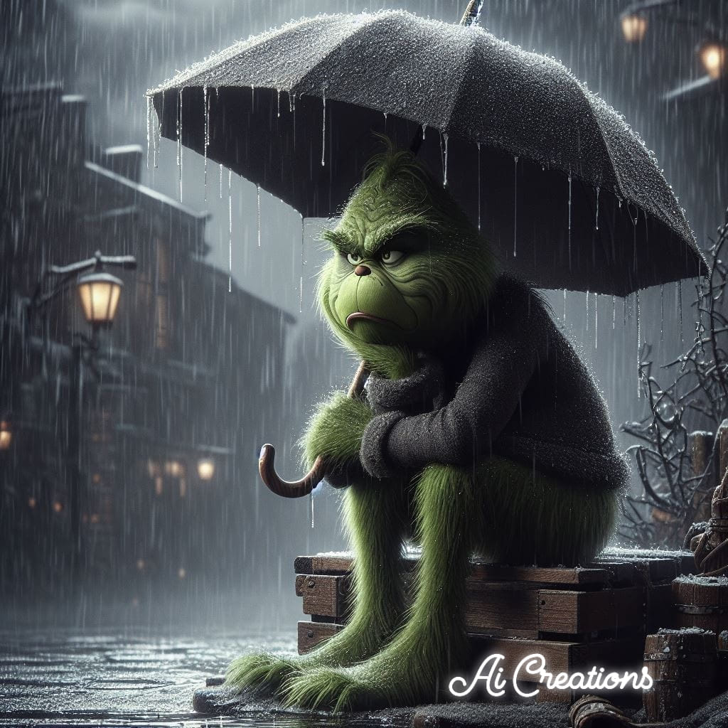 Green Grinch-like character sitting under an umbrella in the rain at night