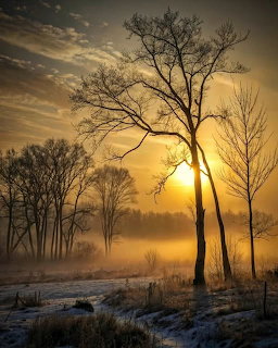 Bare trees silhouetted in golden sunrise over a misty snowy field