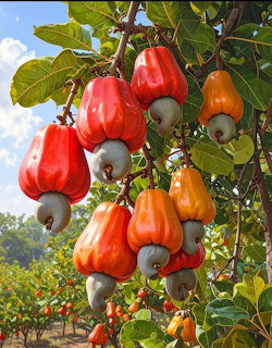 Red and orange cashew apples with nuts hanging from a cashew tree in a tropical orchard