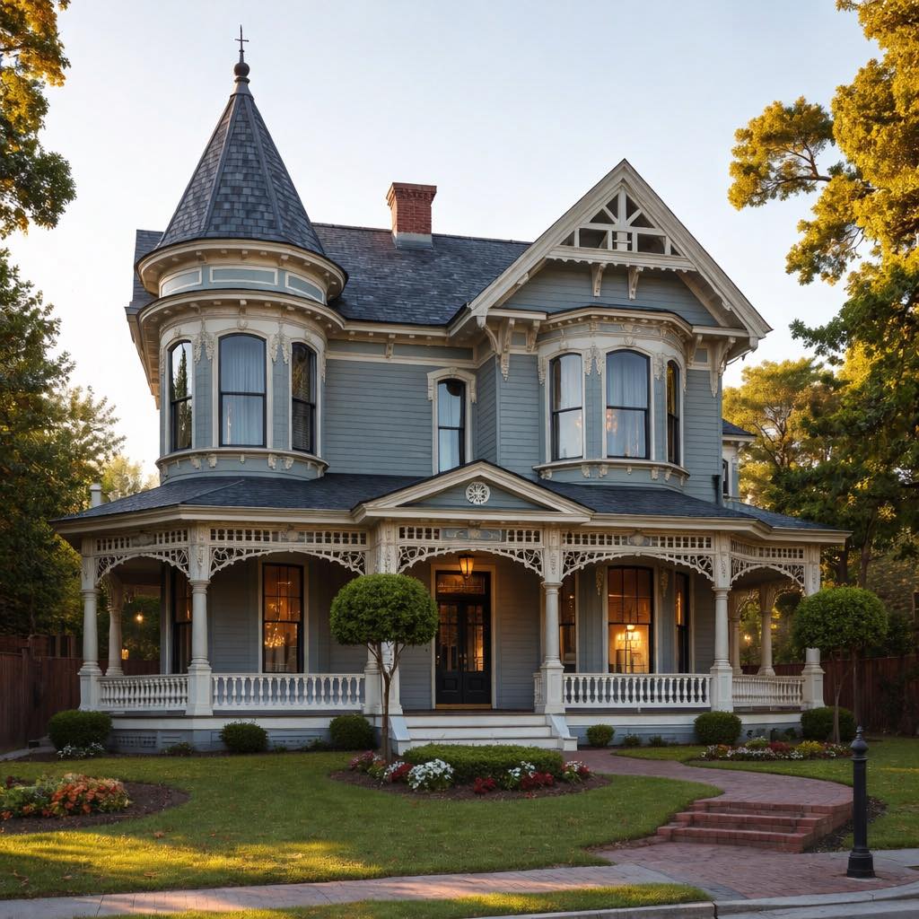 Gray Victorian house with turret, porch, and landscaped front yard
