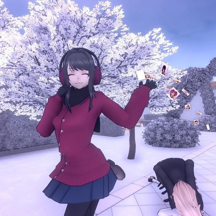 Anime girl in a red coat and headphones standing in a snowy park with blooming trees