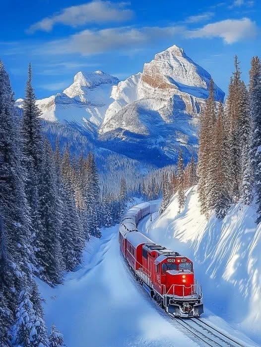 Red train on snowy tracks winding through winter mountain landscape with pine trees and snow-capped peaks