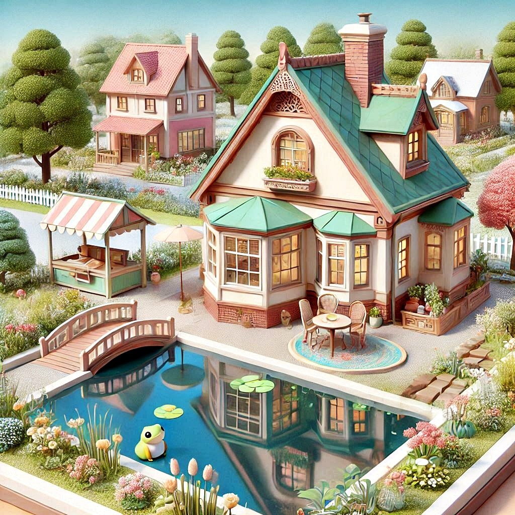 Illustrated cottages with turquoise and pink roofs beside a pond with bridge and yellow ducks in peaceful village scene
