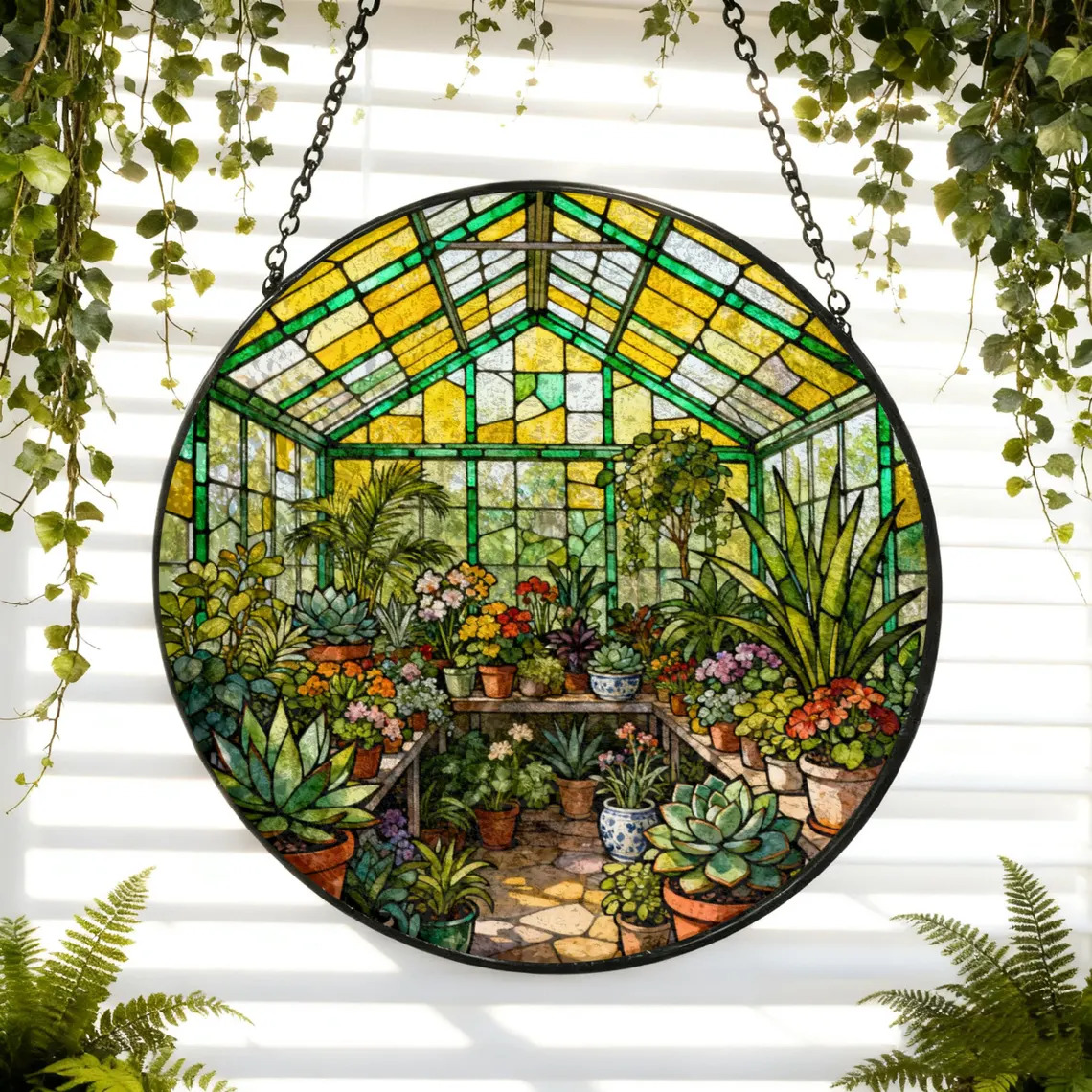 Round greenhouse suncatcher with potted plants, flowers, and hanging vines in front of a window