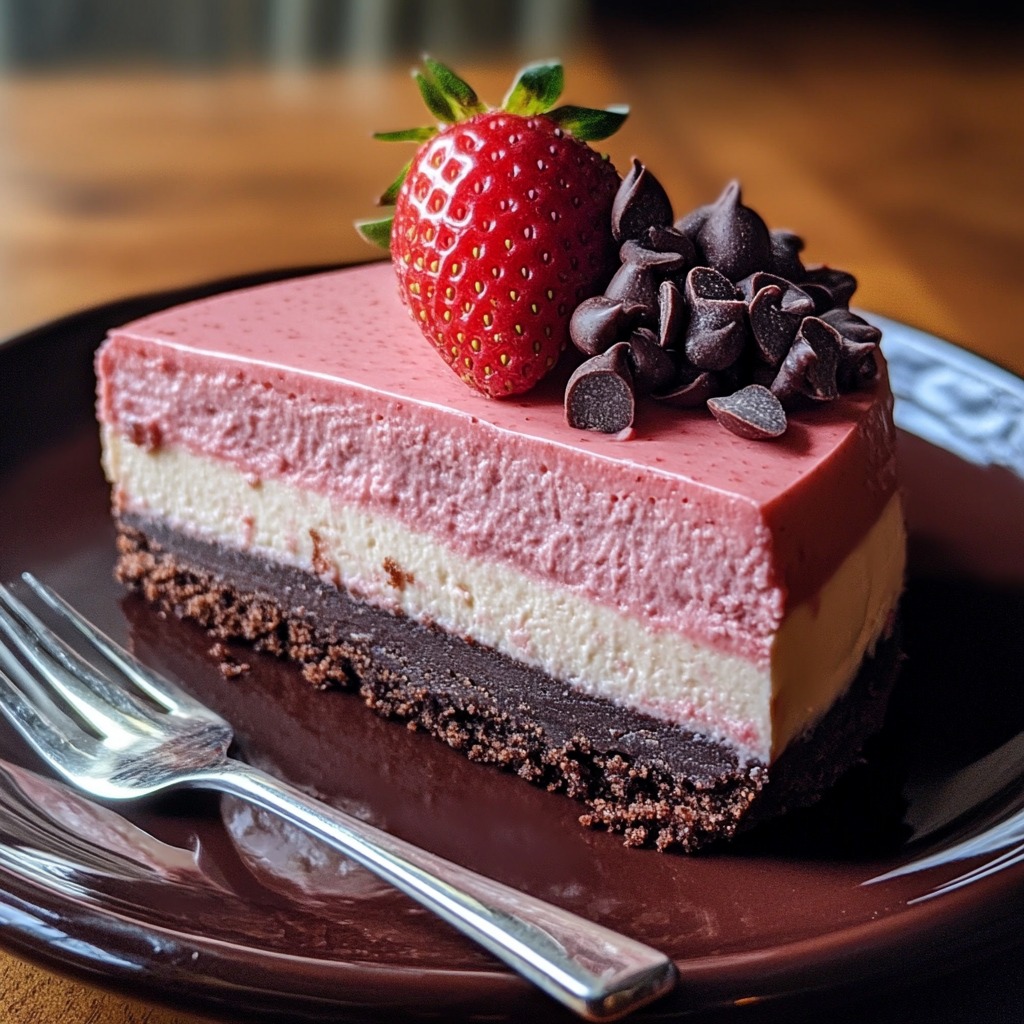 Slice of layered strawberry cheesecake with chocolate base and fresh strawberry garnish on dark plate