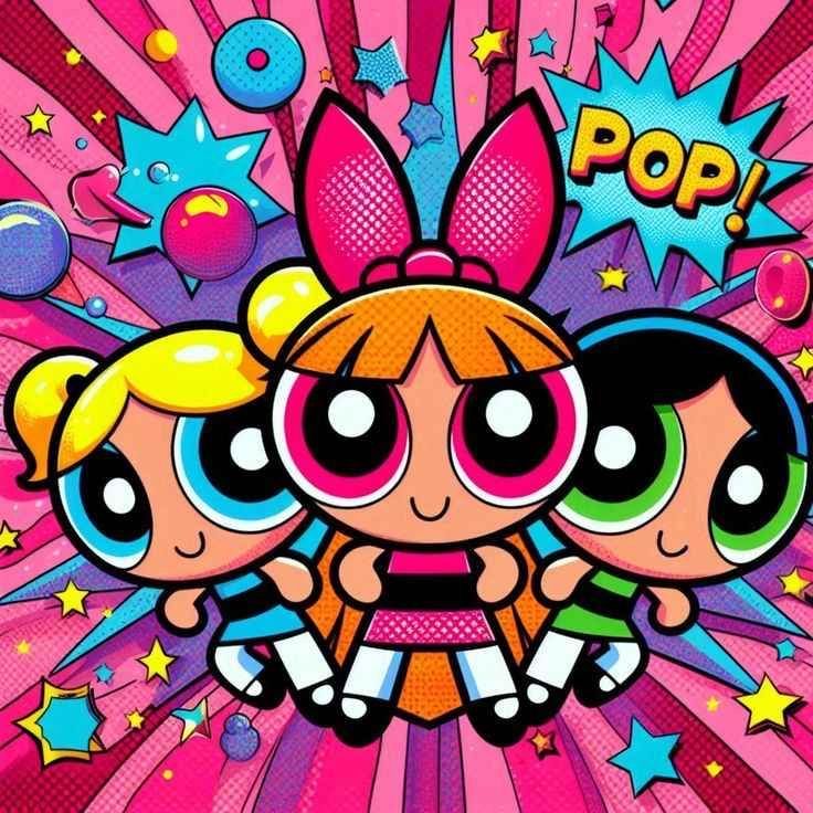 The Powerpuff Girls stand together on a bright pink comic-style background with stars and a Pop text bubble.